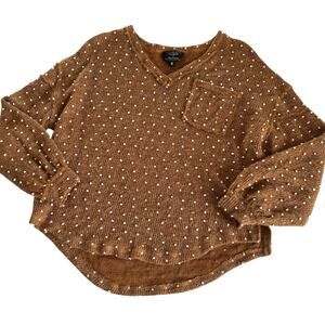 Flower & Feather Textured Dot Pullover Sweatshirt Women’s Medium Brown & White